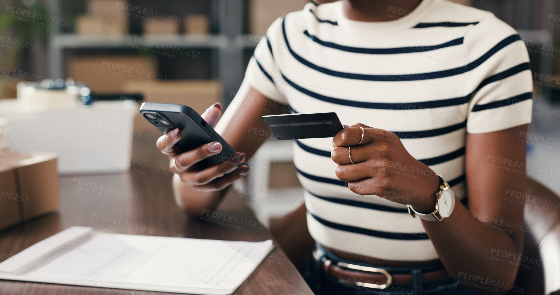 Buy stock photo Credit card, phone and hands of woman in office with documents for company expense on app. Debit, finance and entrepreneur with cellphone for online shopping with workplace supplies for startup.