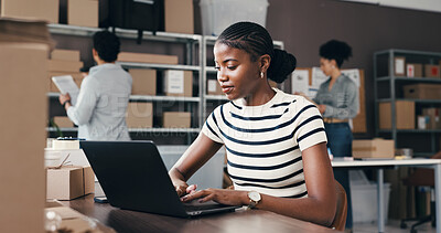 Buy stock photo Logistics, woman or smile with laptop in small business for delivery tracking, inventory or shipping. Supply chain staff, person and tech in warehouse for order update, procurement email and reviews