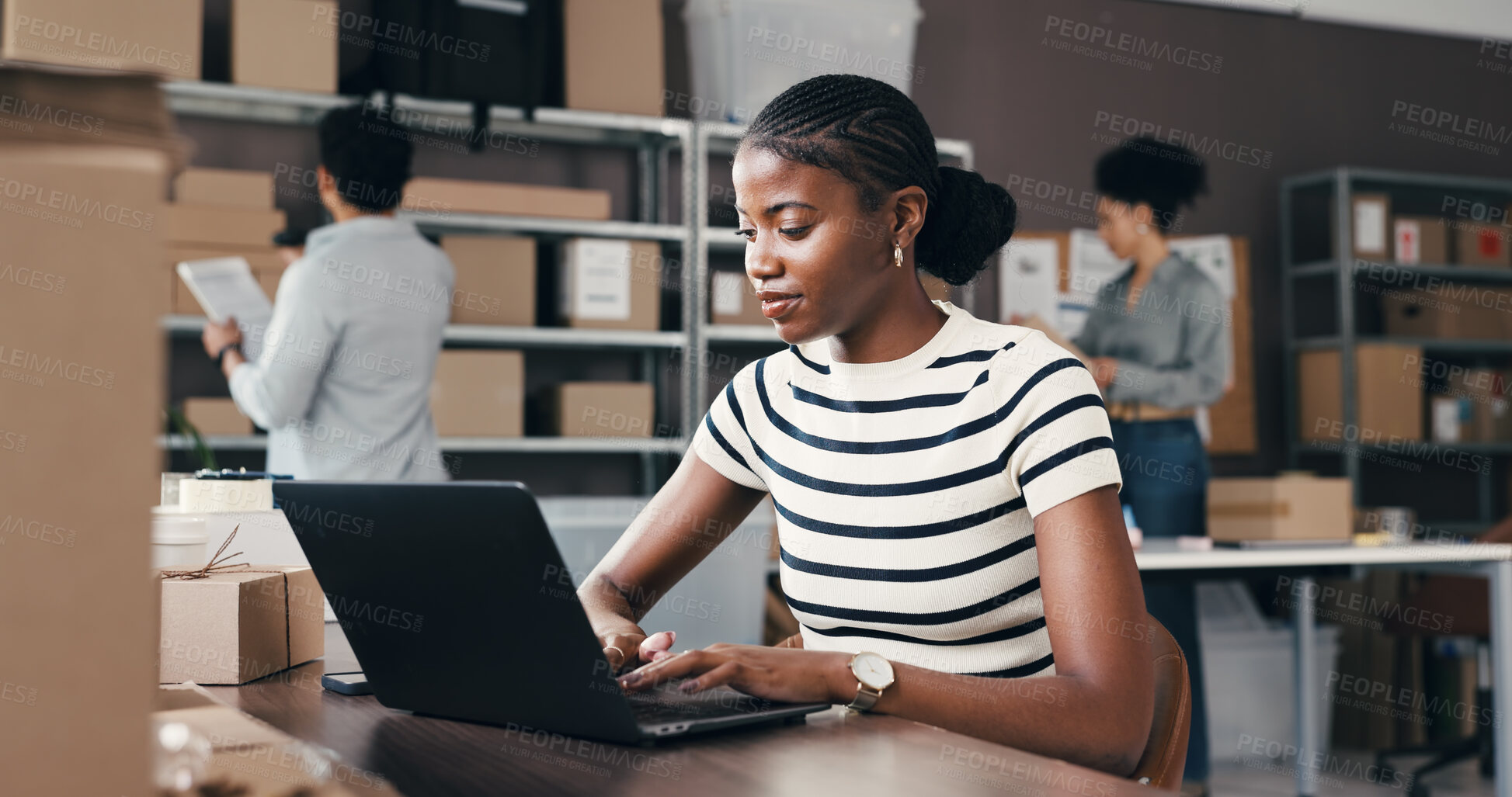 Buy stock photo Logistics, woman or smile with laptop in small business for delivery tracking, inventory or shipping. Supply chain staff, person and tech in warehouse for order update, procurement email and reviews