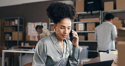 Buy stock photo Phone call, laptop and black woman in office with logistics, ecommerce or online order confirmation. Computer, cellphone and African female entrepreneur on mobile discussion for distribution service.