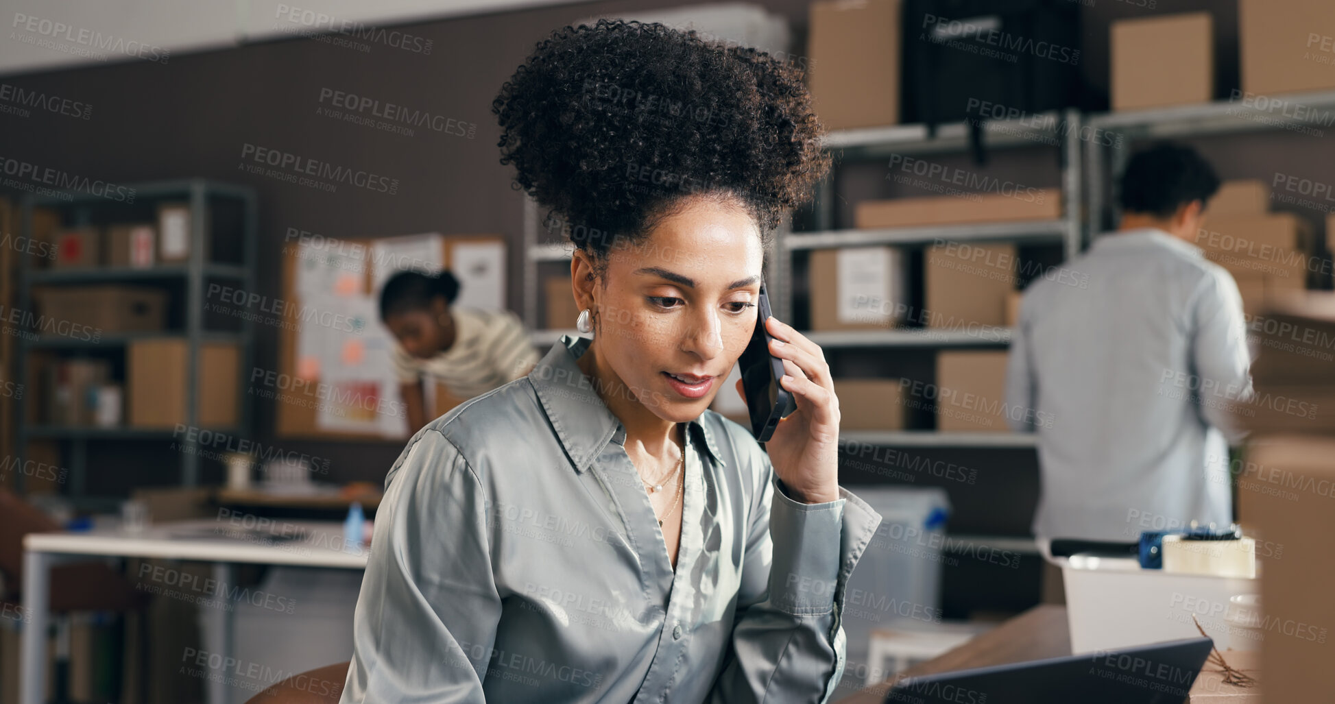 Buy stock photo Phone call, laptop and black woman in office with logistics, ecommerce or online order confirmation. Computer, cellphone and African female entrepreneur on mobile discussion for distribution service.