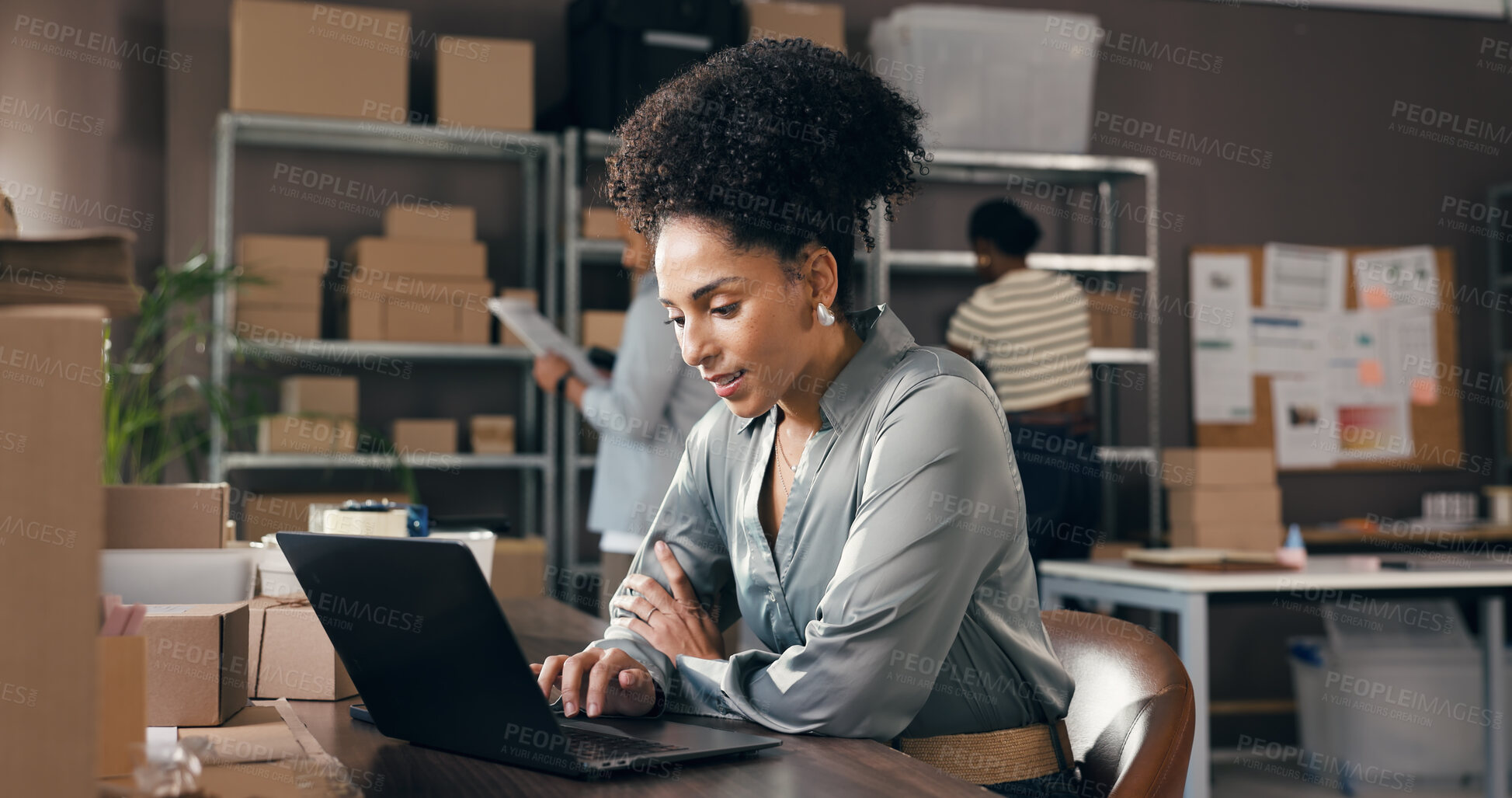Buy stock photo Logistics, woman or scroll on laptop in small business to track delivery, process order or shipping. Supply chain staff, person or tech in warehouse for inventory control, procurement email or update