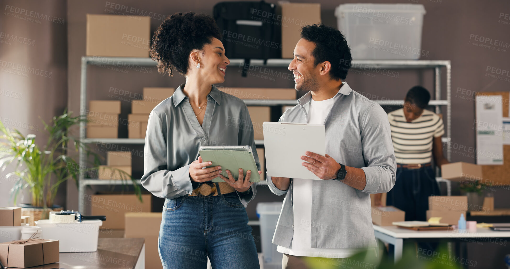 Buy stock photo People, talk or tablet with checklist for ecommerce, logistics feedback or stock control in office. Happy team, clipboard and tech with discussion for supply chain, shipping and inventory management.