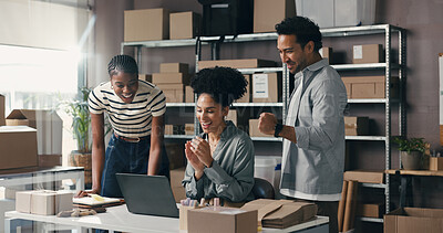 Buy stock photo People, applause and laptop for ecommerce startup with good news, online sales and order success. Excited, team and delivery achievement with pc, shipping deal and celebration of logistics promotion
