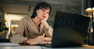 Buy stock photo Bored, night or woman in office with laptop, thinking or brain fog in marketing project. Mental health, fatigue and creative director in agency with tech, task deadline and burnout in late shift.