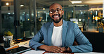 Portrait, business and black man in office at night of career pride, about us and accountant. Smile, male person and confident as finance consultant, ambition and working late for investment deadline