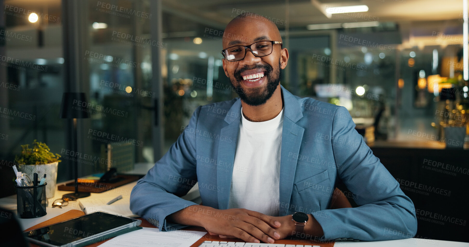 Buy stock photo Portrait, business and black man in office at night of career pride, about us and accountant. Smile, male person and confident as finance consultant, ambition and working late for investment deadline