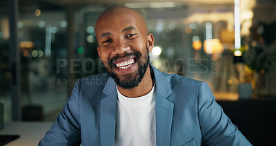 Buy stock photo Portrait, corporate and black man in office at night of career pride, about us and accountant. Smile, male person or confident as finance consultant, ambition and working late for investment deadline