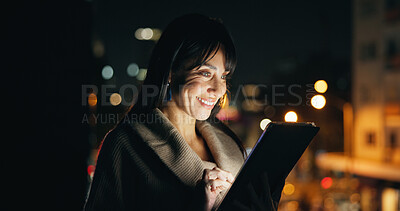Buy stock photo Happy, businesswoman and tablet in city at night for portfolio review, market research and bokeh. Financial advisor, mature person and smile with digital tech to monitor investment for global client
