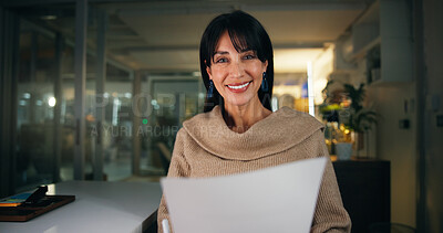 Buy stock photo Portrait, paperwork or woman in office at night, financial planning or investment proposal for career growth. Smile, mature person or advisor in workplace for overtime, forecasting document and pride