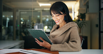 Buy stock photo Tablet, night and business woman in company, reading report or fact check for article. Smile, office and mature editor with technology for news story, research or schedule with bokeh on overtime