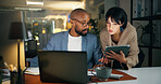 Tech, discussion and business people in office for report, collaboration and feedback. Laptop, tablet proposal and research with team for proofreading, review and editing publication at night
