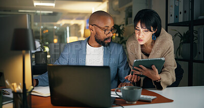 Buy stock photo Tech, discussion and business people in office for report, collaboration and feedback. Laptop, tablet proposal and research with team for proofreading, review and editing publication at night