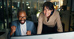 Team, success and computer with business people in office for night, project approval and partnership. Collaboration, winner and online feedback with man and woman in agency for overtime and bokeh