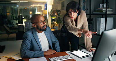 Buy stock photo Business, people and explain with computer at night for training, finance report and budget. Staff, pc and coaching for audit procedure, financial evaluation and working late for investment deadline