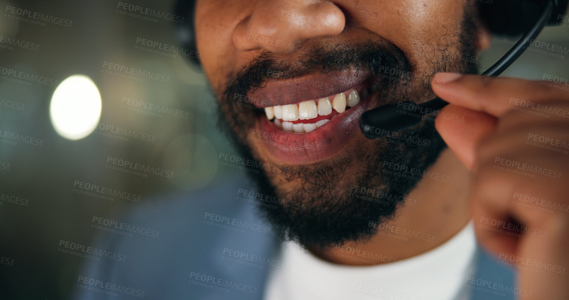 Buy stock photo Call center, consultant and mouth of man in office for security, emergency hotline and night. Virtual advisor, dispatch operator and alarm verification specialist with person and overtime bokeh