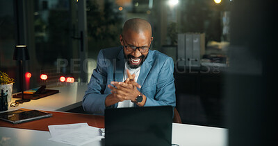 Buy stock photo Applause, night or businessman with laptop in office for trading, stock market or investment success. Excited, black person or investor with pc for late good news, celebrate or clap for financial win