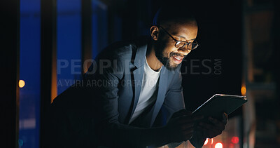 Buy stock photo Tablet, happy and businessman in city at night with communication for finance review. Digital technology, bokeh and African male financial manager with email for investment proposal in urban town.