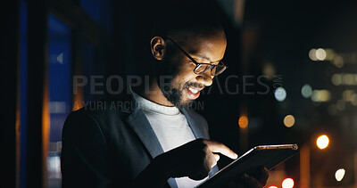 Buy stock photo Tablet, research and black man in city at night with communication for finance review. Digital technology, bokeh and African male financial manager with email for investment proposal in urban town.