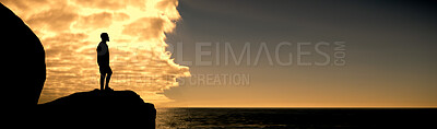 Buy stock photo Sunset, silhouette and man with view, ocean and summer holiday with fitness, banner or wellness. Seaside, nature or healthy person with shadow, tourism or vacation with mockup space, sky or adventure