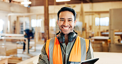 Buy stock photo Man, carpenter and tablet smile at factory with confidence, portrait and furniture manufacturing. Person, technician and happy with pride for woodwork, application or excited for project at workshop
