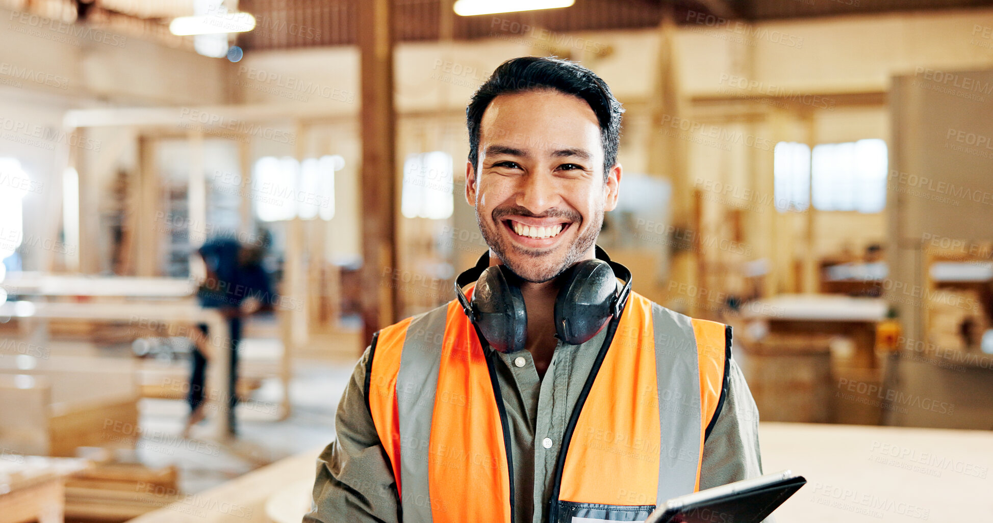 Buy stock photo Man, carpenter and tablet smile at factory with confidence, portrait and furniture manufacturing. Person, technician and happy with pride for woodwork, application or excited for project at workshop