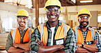 Carpenter, portrait and men with arms crossed, warehouse and confident for craftsmanship or woodwork. Happy, artisan and people with smile for production, manufacturing and career growth in workshop