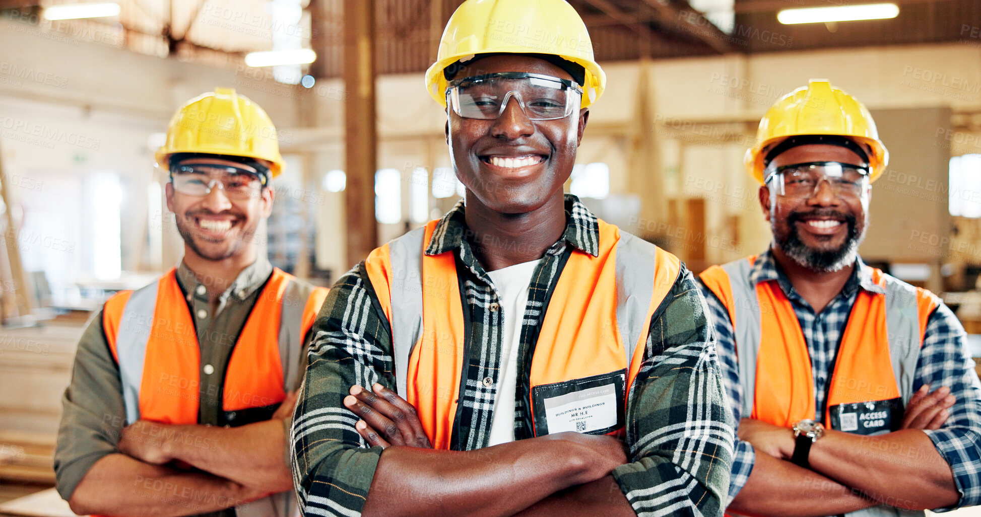 Buy stock photo Carpenter, portrait and men with arms crossed, warehouse and confident for craftsmanship or woodwork. Happy, artisan and team with smile for production, manufacturing and career growth in workshop