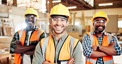 Buy stock photo Happy, portrait and men with arms crossed, woodwork and confident for craftsmanship or manufacturing. Colleagues, artisan and people with smile for production, pride and career growth in warehouse