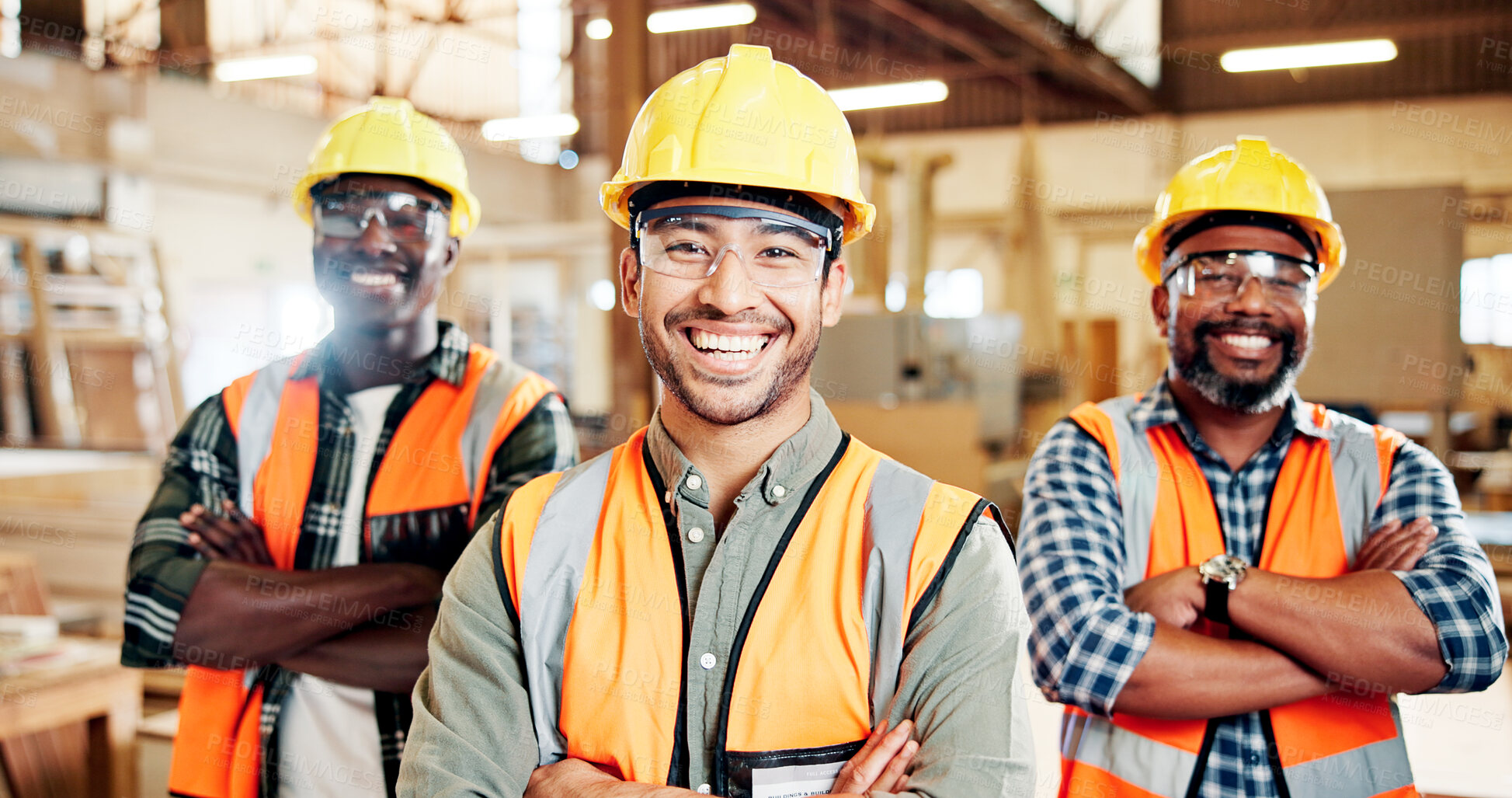 Buy stock photo Happy, portrait and men with arms crossed, woodwork and confident for craftsmanship or manufacturing. Colleagues, artisan and people with smile for production, pride and career growth in warehouse