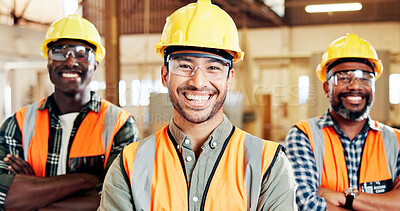 Buy stock photo Carpenter, portrait and men with arms crossed, group and happy for craftsmanship, team and woodwork. Confident, artisan and people with smile for production, manufacturing or career growth in factory