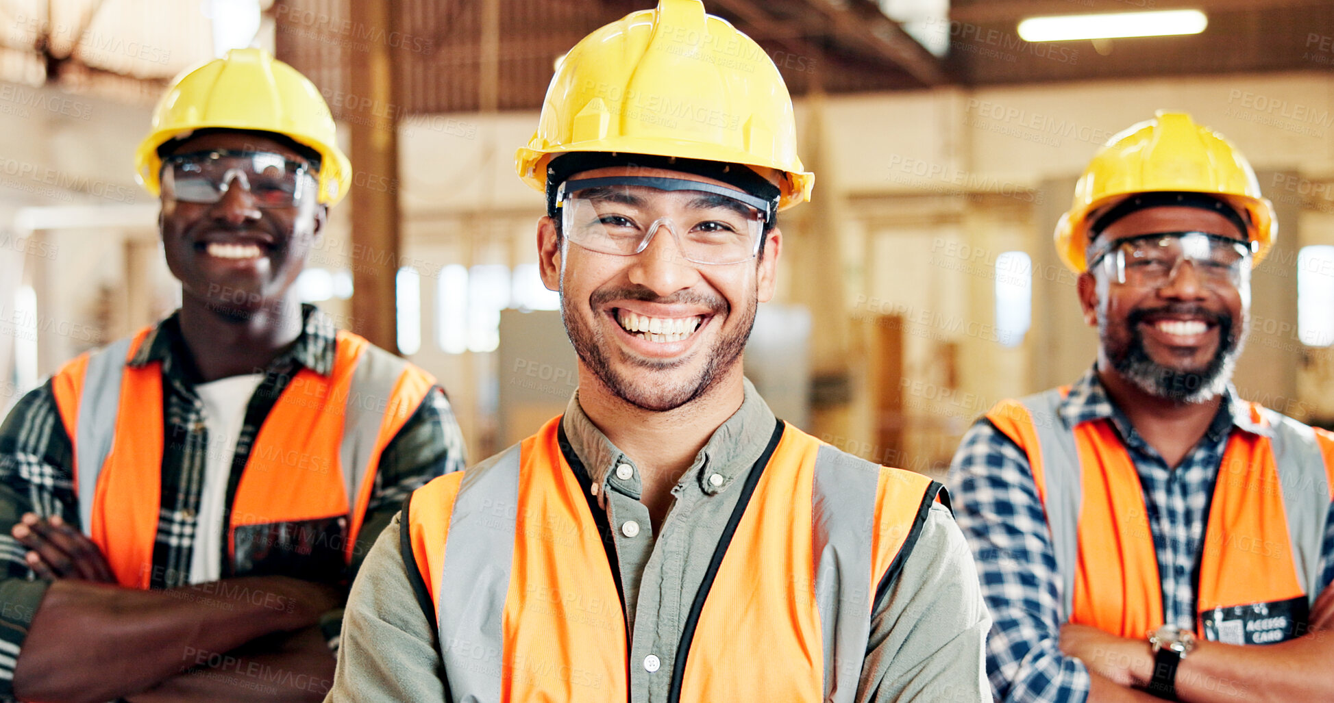 Buy stock photo Carpenter, portrait and men with arms crossed, group and happy for craftsmanship, team and woodwork. Confident, artisan and people with smile for production, manufacturing or career growth in factory