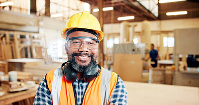 Buy stock photo Carpentry, happy and portrait of mature man in workshop for furniture repair, building and woodworking. Carpenter, safety gear and person with pride in factory for wood, lumber and timber production
