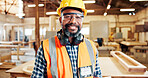 Carpentry, happy and portrait of black man in workshop for furniture repair, building and woodworking. Carpenter, safety gear and person with smile in factory for wood, lumber and timber production