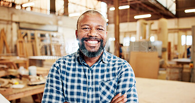 Buy stock photo Carpenter, portrait and mature man with arms crossed, workshop and happy for production or creative. Factory, artisan and black person with smile for woodwork, confident and career growth in Nigeria