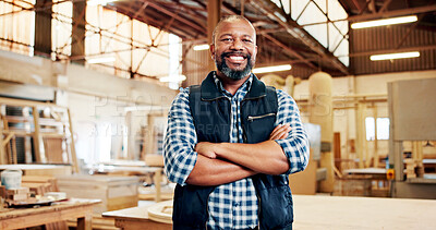 Buy stock photo Artisan, portrait and mature man with arms crossed, workshop and happy for production and carpentry. Confident, entrepreneur and black person with smile for woodwork, manufacturing and career growth