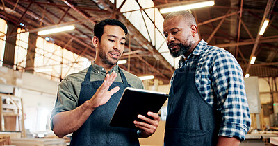 Buy stock photo Carpentry, meeting and men on tablet in workshop for planning, construction and woodworking business. Carpenter, teamwork and people on digital tech for online inventory for timber, lumber and wood