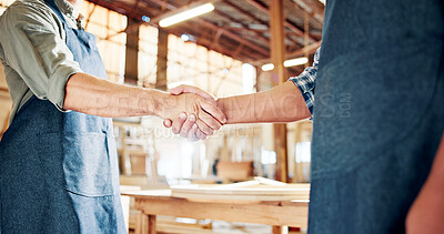Buy stock photo People, carpenter and handshake with agreement for partnership, b2b or deal in workshop. Employees, colleagues or woodworker shaking hands with wood, timber or lumber for DIY project or furniture