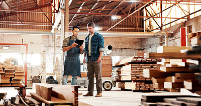 Buy stock photo Carpentry, talking and men on tablet in workshop for planning, construction and woodworking business. Carpenter, teamwork and people on digital tech for online inventory for timber, lumber and wood