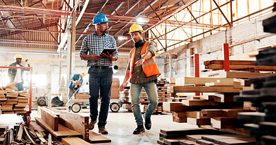 Buy stock photo Carpentry, manager and men with tablet, workshop and inspection for furniture production or talking. Small business, supervisor and people with tech for quality control, manufacturing and discussion