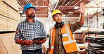 Carpentry, inspection and men with tablet, workshop and discussion with manager, team and production. Small business, supervisor and people with tech for quality control, manufacturing and woodwork