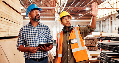 Buy stock photo Carpentry, inspection and men with tablet, workshop and discussion with manager, team and production. Small business, supervisor and people with tech for quality control, manufacturing and woodwork