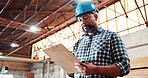 Black man, carpenter and clipboard with checklist for woodwork, project or inventory in warehouse. Male person, carpentry or list in furniture business for wood construction or stock check in depot