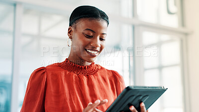 Buy stock photo Fashion design, smile and tablet with black woman in office to search trends for market research. App, scroll and style inspiration with African designer in creative workplace for clothing business
