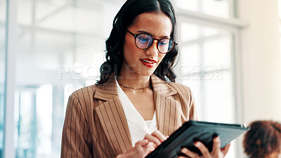 Buy stock photo Fashion design, glasses and tablet with woman in office to search clothing trends for market research. App, scrolling and style inspiration with designer in creative workplace for apparel business