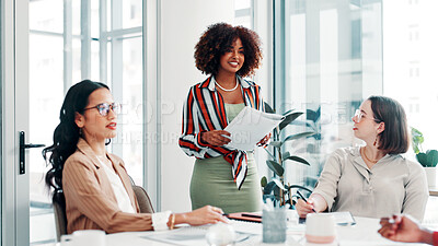 Buy stock photo Paperwork, meeting or manager in boardroom for discussion, campaign schedule or release date decision. Teamwork, brainstorming or people with launch agenda for planning, brand awareness or promotion