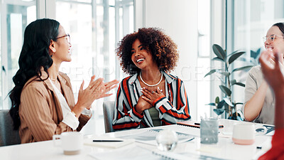 Buy stock photo Applause, fashion design and meeting with business women in boardroom for bonus or promotion. Conversation, motivation and success with designer people clapping in workplace for clothing company