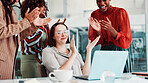 Happy women, team and applause with laptop for bonus, business success or promotion in office. Female people, employees or colleagues clapping with smile or computer for good news, done or completion
