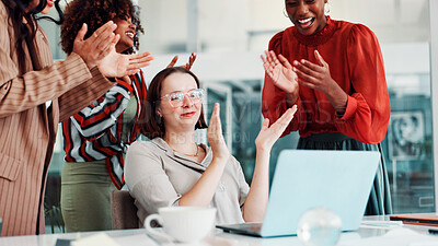 Buy stock photo Happy women, team and applause with laptop for bonus, business success or promotion in office. Female people, employees or colleagues clapping with smile or computer for good news, done or completion