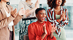 Happy women, team and good news with applause for bonus, business success or promotion in office. Female people, employees or colleagues clapping with smile for winning, done or completion together